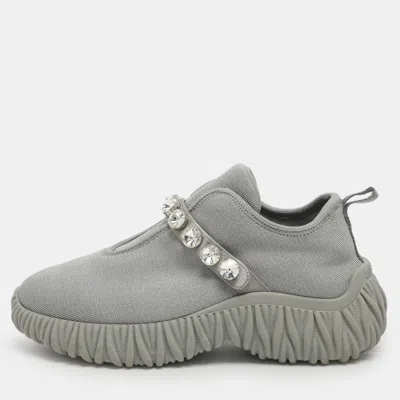 Pre-owned Miu Miu Embellished Size 37 Grey Knit Fabric Slip On Sneakers In Gray