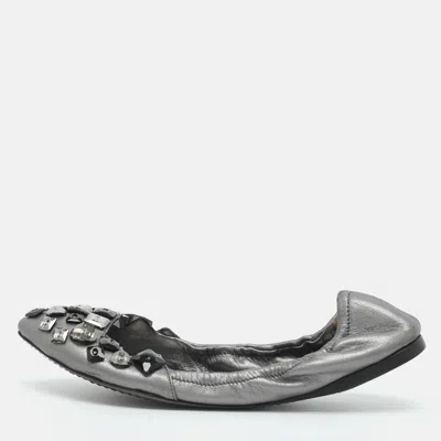 Pre-owned Miu Miu Embellished Size 38 Silver Leather Scrunch Ballet Flats