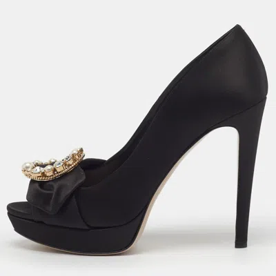 Pre-owned Miu Miu Embellished Size 39 Black Satin Platform Pumps