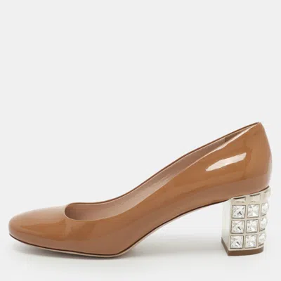 Pre-owned Miu Miu Embellished Size 41 Beige Patent Leather Pumps In Sand