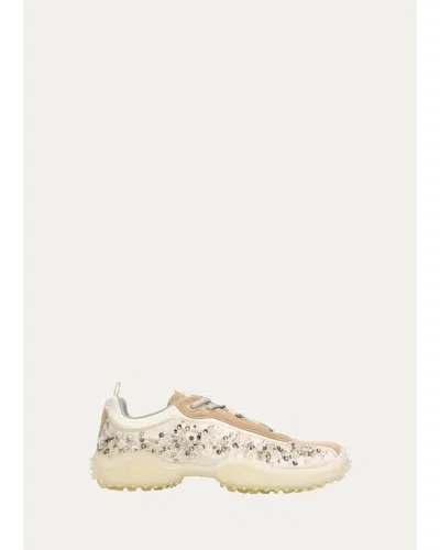 Miu Miu Embellished Suede And Canvas Low-top Sneakers In Neutral