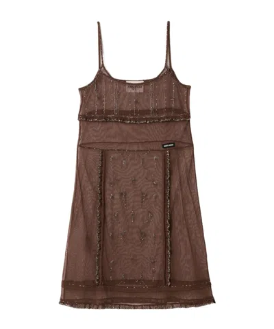 Miu Miu Embellished Tulle Dress In Brown