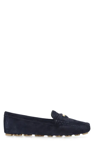 MIU MIU NAVY SUEDE LOAFERS WITH EMBOSSED FRONT LOGO AND ROUND TOELINE FOR WOMEN