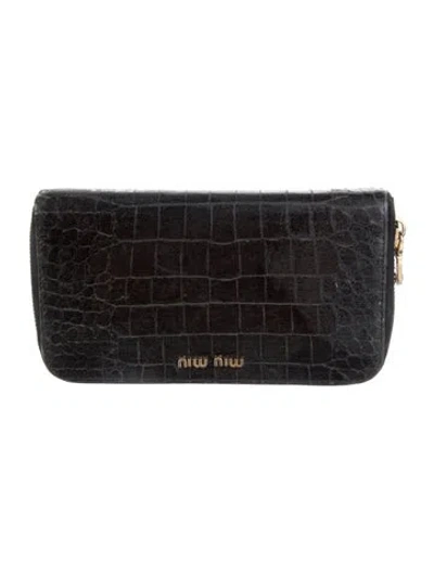 Pre-owned Miu Miu Embossed Leather Animal Print Continental Wallet In Black