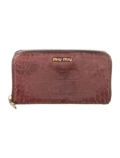 Pre-owned Miu Miu Embossed Leather Animal Print Continental Wallet In Red
