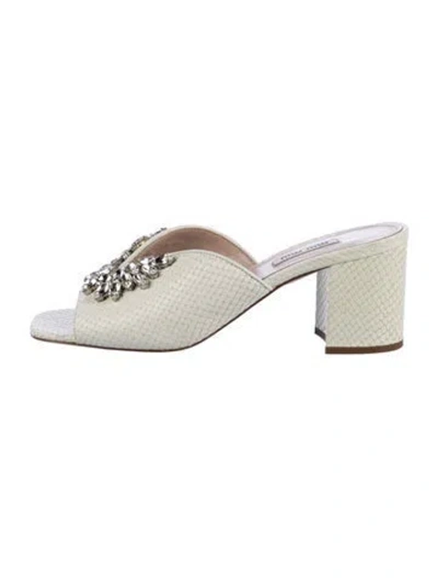 Pre-owned Miu Miu Embossed Leather Animal Print Slides In White