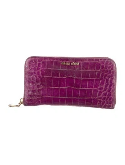 Pre-owned Miu Miu Embossed Leather Animal Print Wristlet In Purple