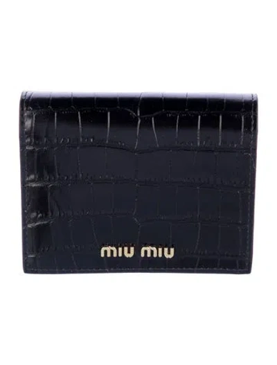 Pre-owned Miu Miu Embossed Leather Compact Wallet In Black