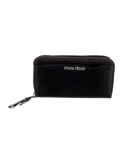 Pre-owned Miu Miu Embossed Leather Continental Wallet In Black