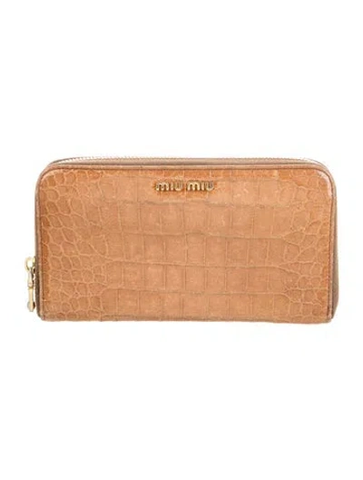Pre-owned Miu Miu Embossed Leather Patterned Continental Wallet In Brown