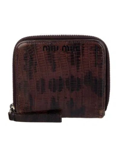 Pre-owned Miu Miu Embossed Leather Printed Coin Pouch In Brown