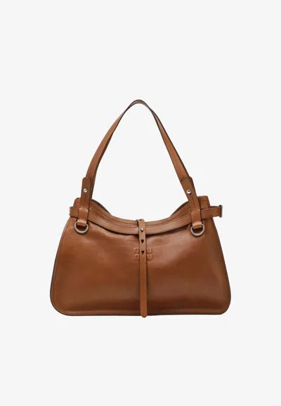 Miu Miu Embossed Logo Calfskin Shoulder Bag In Brown