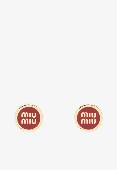 Miu Miu Embossed Logo Enamel Stud Earrings In Red