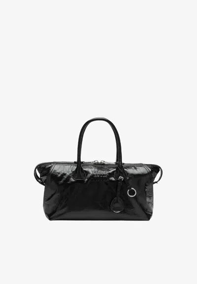Miu Miu Embossed Logo Glossy Leather Shoulder Bag In Black