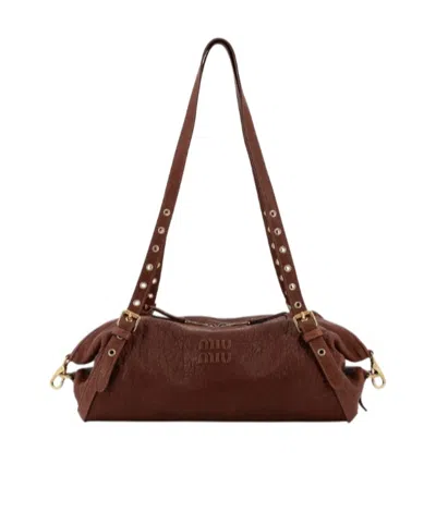 Miu Miu Embossed Logo Lettering Shoulder Bag In Brown