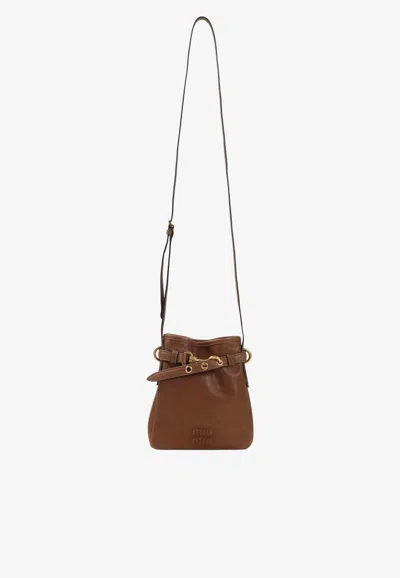 Miu Miu Embossed Logo Nappa Leather Pouch Bag In Brown
