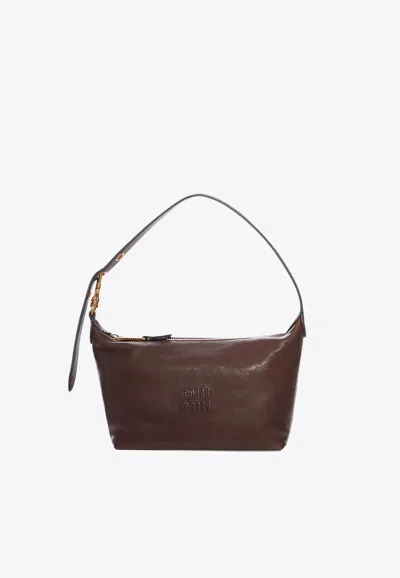 Miu Miu Embossed Logo Nappa Leather Shoulder Bag In Brown