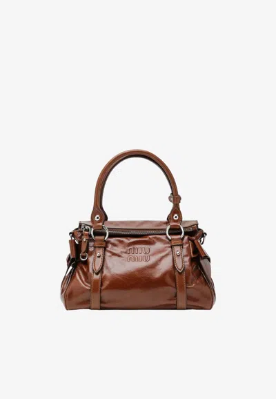 Miu Miu Medium Tophandle Bag In Glossy Palisander Leather In Brown