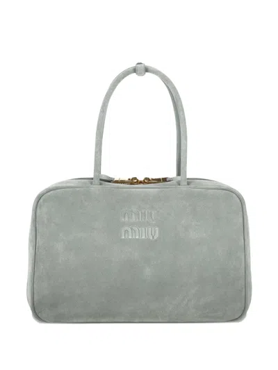 Miu Miu Embossed-logo Suede Tote Bag In Green
