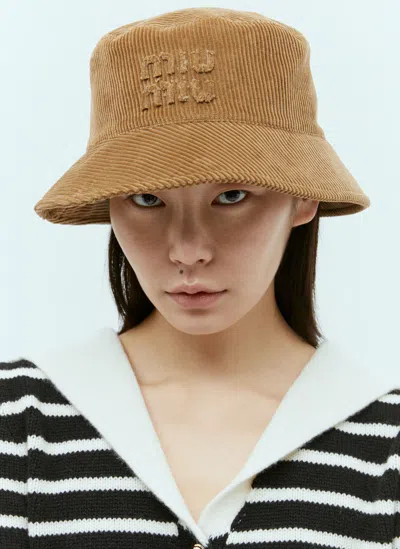 Miu Miu Embossed Logo Velvet Bucket Hat In Brown