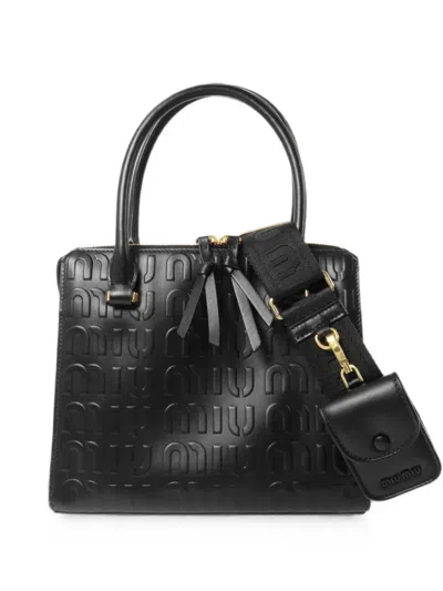 Pre-owned Miu Miu Embossed-logo Leather Shoulder Bag In Black