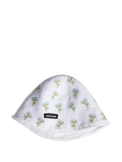 Miu Miu Embroidered Beanie Cap In White