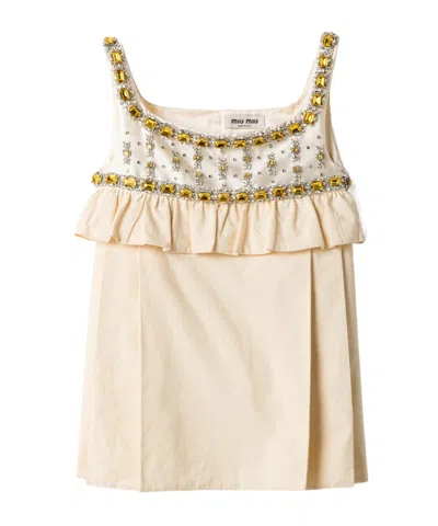 Miu Miu Embroidered Canvas Mini-dress In Neutral