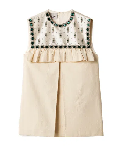 Miu Miu Embroidered Canvas Mini-dress In Neutral