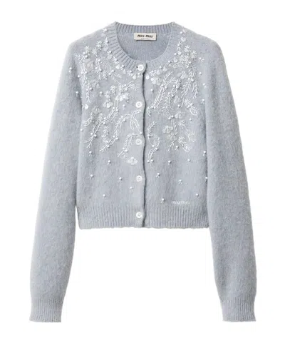Miu Miu Embroidered Cashmere Cardigan In Blue