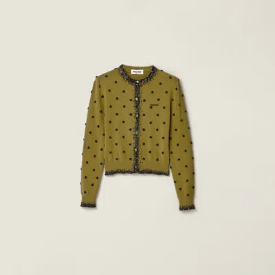 Miu Miu Embroidered Cashmere Cardigan In Green