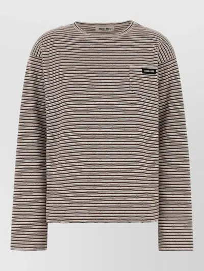 Miu Miu Embroidered Cotton Blend Oversized Striped T Shirt In Brown