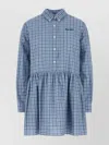 Miu Miu Embroidered Cotton Mini Dress With Pleated Waist In Multi