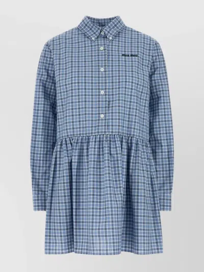 MIU MIU EMBROIDERED COTTON MINI DRESS WITH PLEATED WAIST