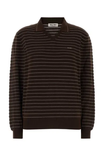 Miu Miu Embroidered Cotton Polo Shirt With Striped Detail In Brown