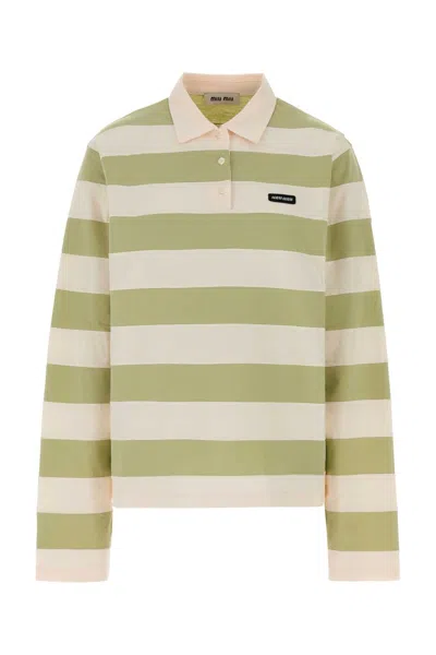 Miu Miu Embroidered Cotton Polo Shirt With Striped Detail In White