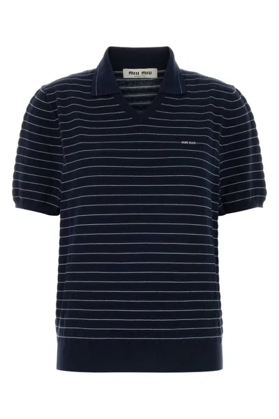 Miu Miu Embroidered Cotton Polo Shirt With Striped Detail In Blue