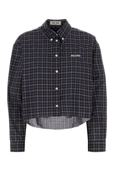 Miu Miu Embroidered Cotton Shirt In Blue