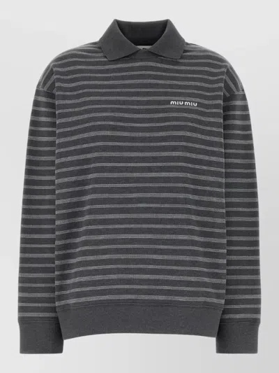 Miu Miu Embroidered Cotton Striped Long Sleeve Polo Shirt In Gray