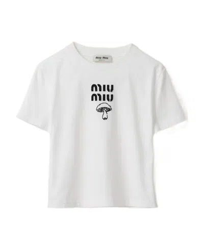 Miu Miu Embroidered Cotton T-shirt In White