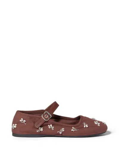 Miu Miu Embellished Canvas Mary Jane Ballerina Flats In Brown
