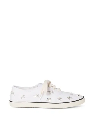 Miu Miu Crystal Embellished Low Top Canvas Sneaker In White