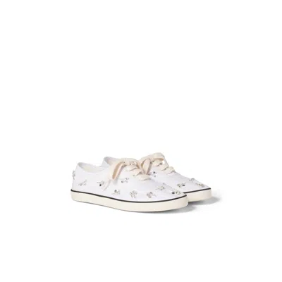 Miu Miu Crystal Embellished Low Top Canvas Sneaker In White