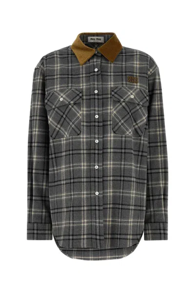 Miu Miu Embroidered Flanel Oversize Shirt In Gray