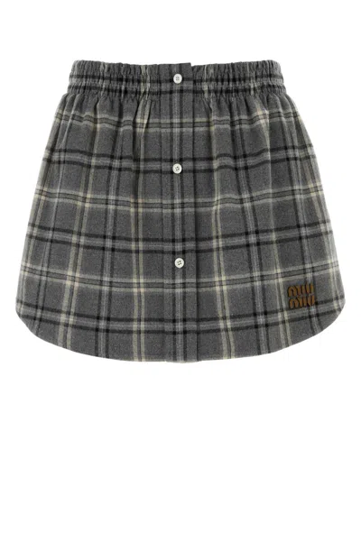 Miu Miu Embroidered Flannel Mini Skirt In Gray