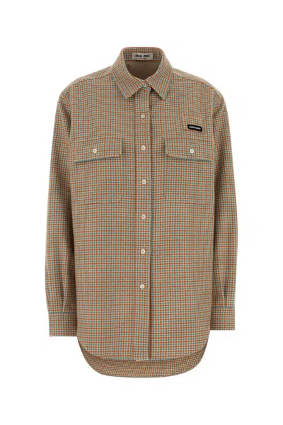 Miu Miu Embroidered Flannel Oversize Shirt In Neutral