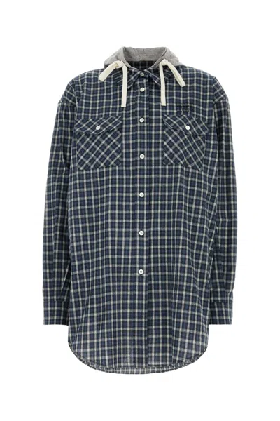 Miu Miu Embroidered Flannel Shirt In Blue