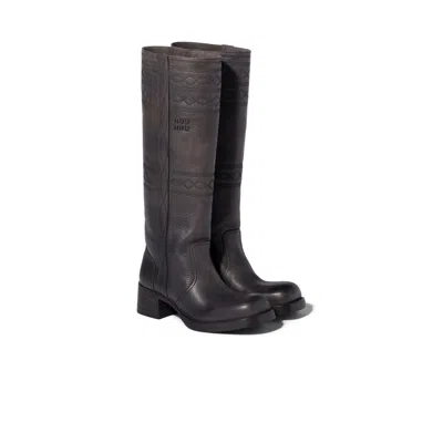 Miu Miu Embroidered Leather Boots In Gray