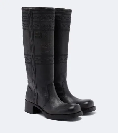 Miu Miu Embroidered Leather Knee-high Boots In Black