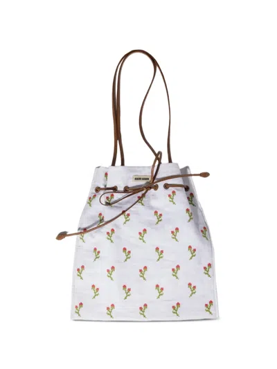 Miu Miu Embroidered Linen Tote Bag In Neutral