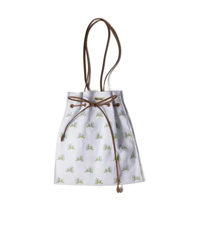 Miu Miu Embroidered Linen Tote Bag In White/light Blue